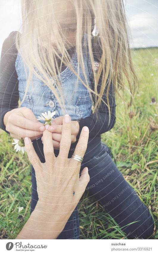 ring aus blumen Kind Mädchen Kindheit Haare & Frisuren Wind Außenaufnahme Blume Blumenwiese Gänseblümchen Margerite Kamille Wiesenblume Hand Finger Ring Spielen