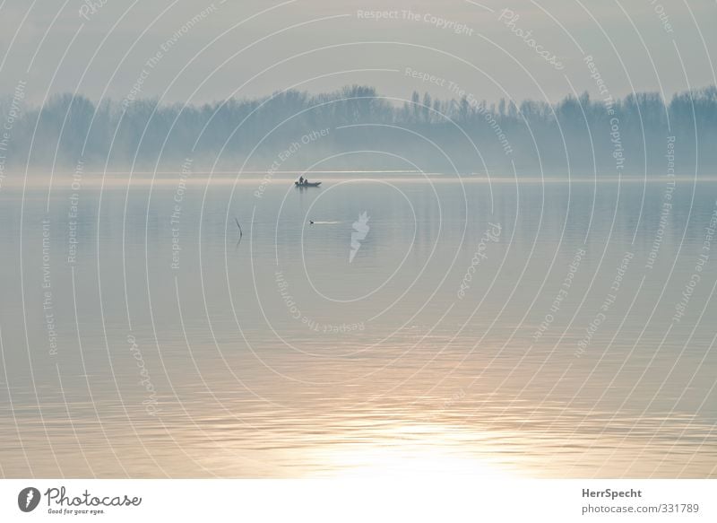 Frühsport Angeln Umwelt Natur Schönes Wetter Nebel Seeufer grau Fischer Angler Morgendämmerung Einsamkeit ruhig Wasserfahrzeug Motorboot Farbfoto