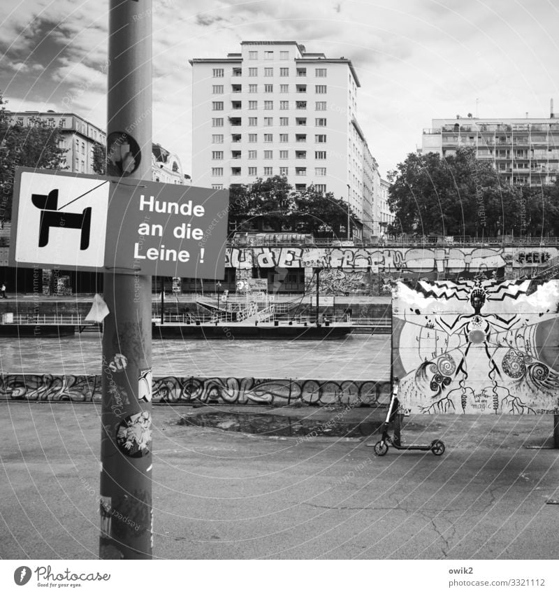 Wien, Donaukanal Kunstwerk Gemälde Straßenkunst Himmel Wolken Schönes Wetter Baum Flussufer Kanal Hauptstadt Stadtzentrum bevölkert Haus Mauer Wand Piktogramm