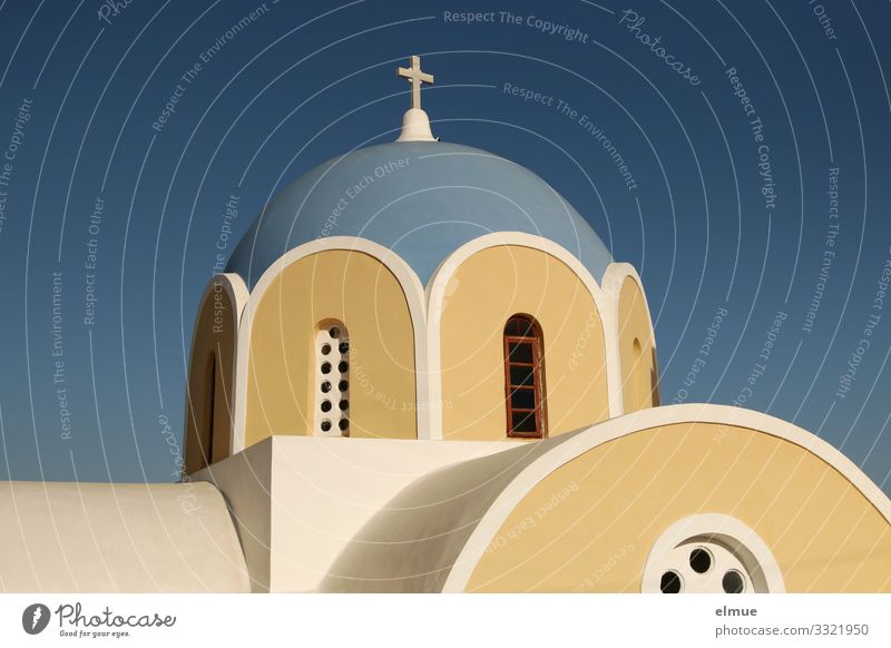 Santorini Ferien & Urlaub & Reisen Griechenland Kirche Bauwerk Kreuz authentisch elegant historisch blau gelb weiß Vertrauen Sicherheit Romantik Glaube Design