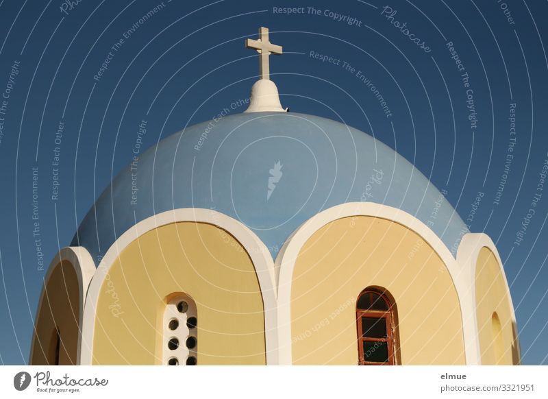 Santorini Ferien & Urlaub & Reisen Ausflug Wolkenloser Himmel Griechenland Kirche Architektur Fenster Kreuz elegant historisch nah rund blau gelb weiß Vertrauen