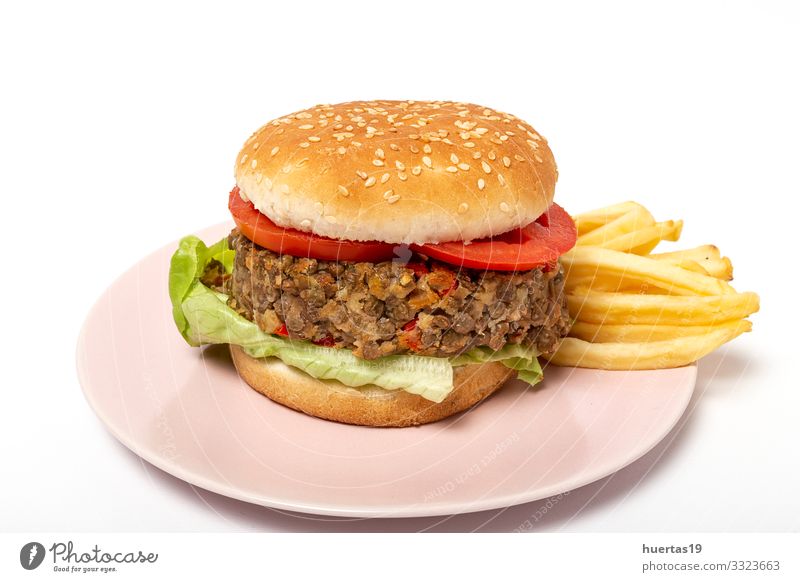 Hausgemachter Veganer-Linsen-Burger Lebensmittel Gemüse Brot Mittagessen Vegetarische Ernährung Diät Lifestyle Gesunde Ernährung frisch natürlich grün