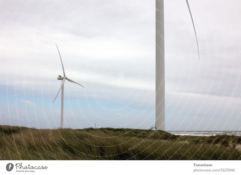 Zwei Windräder - vier Flügel Windrad Windradpark Windkraftanlage Energie Erneuerbare Energie Energiewirtschaft Technik & Technologie Himmel blau weiß