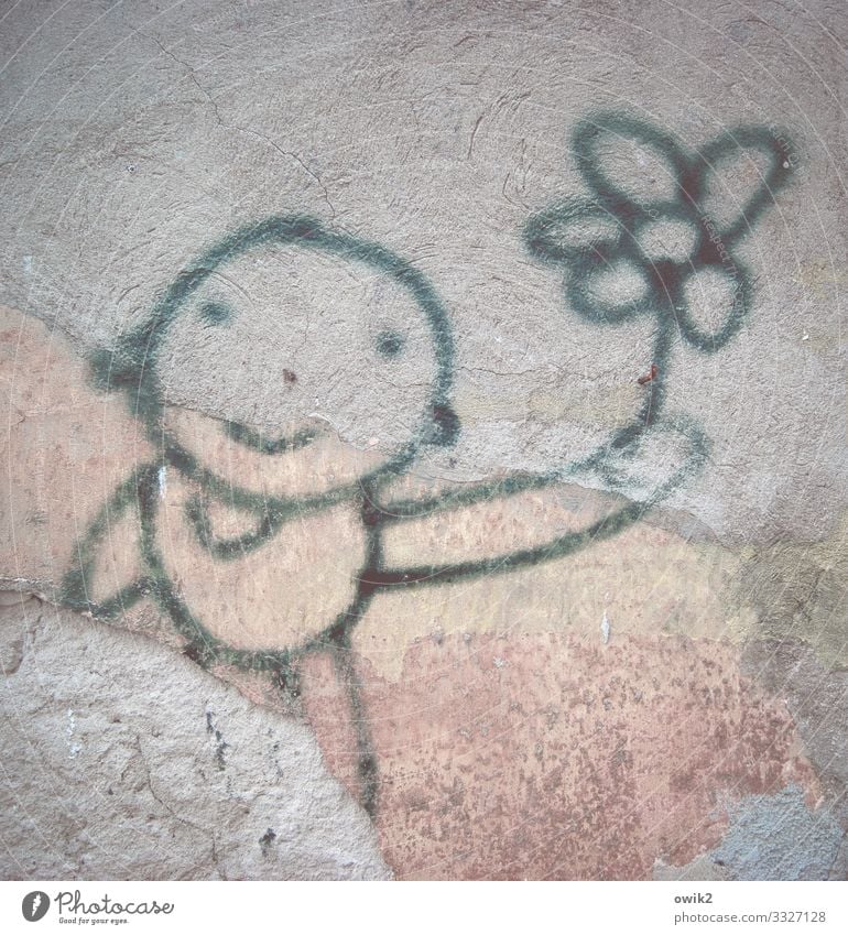 Blumenkind Kind Kunst Kunstwerk Mauer Wand Lächeln einfach Freundlichkeit Fröhlichkeit Kommunizieren Graffiti winken Gruß rau Farbfoto Gedeckte Farben