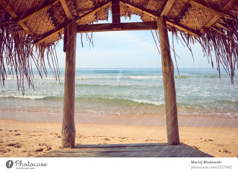 Tropischer Strandschatten aus Holz. Lifestyle Erholung ruhig Meditation Ferien & Urlaub & Reisen Tourismus Ausflug Freiheit Sommer Sommerurlaub Meer Insel Natur