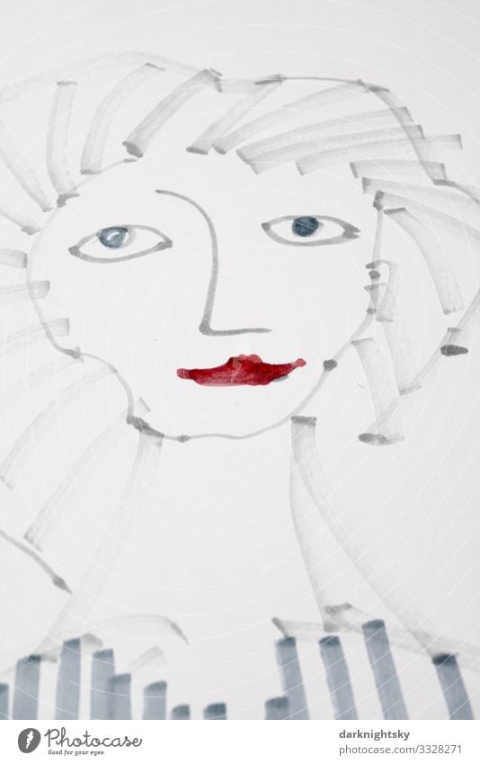 Weibliches Portrait im expressionistischem Stil in Form einer von Hand gezeichneten Skizze oder Illustration. Frau mit roten Lippen. Lifestyle Basteln malen