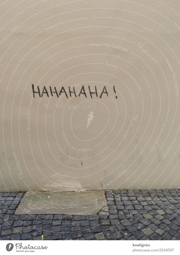 HAHAHAHA ! Stadt Mauer Wand Graffiti Kommunizieren lachen grau schwarz Gefühle Freude Stimmung Kopfsteinpflaster Farbfoto Außenaufnahme Menschenleer
