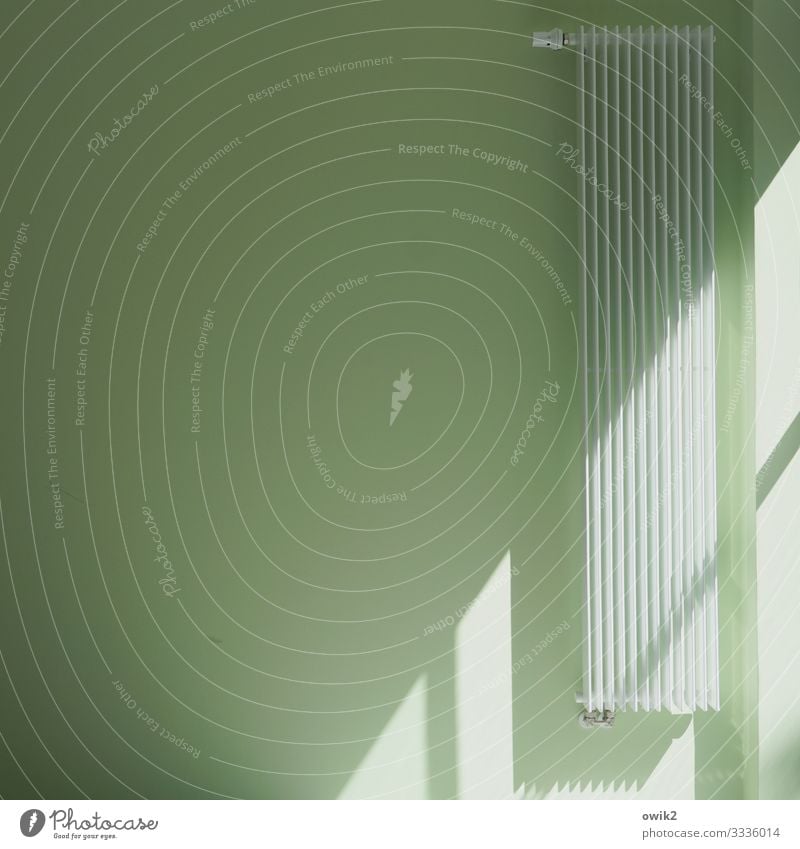 Verzogen Heizkörper Wand Lichteinfall Metall hängen dünn lang grün weiß Dienstleistungsgewerbe Eingang streng unpersönlich abweisend Farbfoto Innenaufnahme