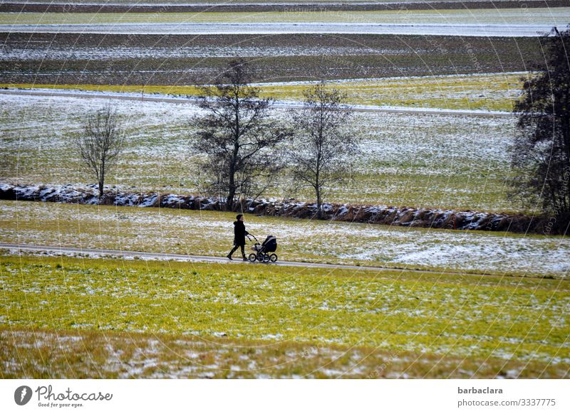 Spaziergang mit Kinderwagen Baby Frau Erwachsene Mutter Landschaft Winter Eis Frost Schnee Baum Wiese Feld Bach Wege & Pfade Mantel Mütze laufen kalt