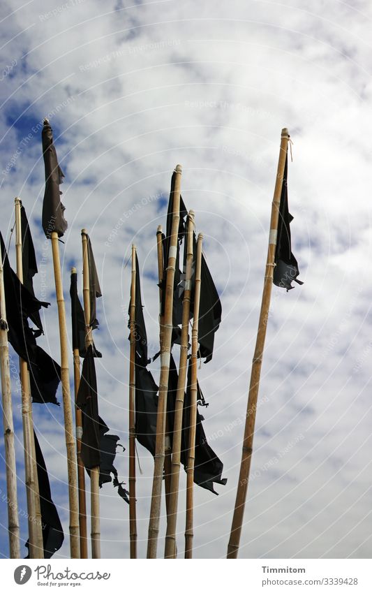 Schwarze Flaggen eines Fischerbootes vor bewölktem Himmel Fahne schwarz Pole Wolken blau weiß Nordsee