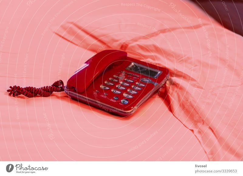 rotes Telefon auf rosa Bett , Porzellan Tee Schalen & Schüsseln Lifestyle Erholung Tourismus Ausflug Schlafzimmer Kunststoff Liebe schlafen Sex Telefongespräch