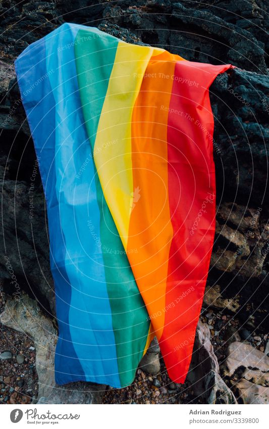 Fahne der Schwulenbewegung auf einem felsigen Hintergrund Freiheit Strand Feste & Feiern Hochzeit Mensch Homosexualität Familie & Verwandtschaft Freundschaft