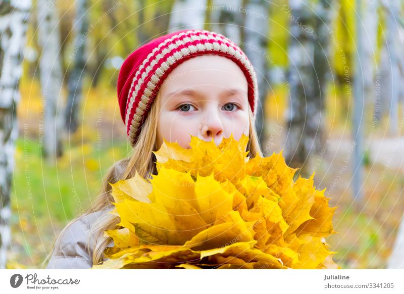 Mädchen mit Blumenstrauß aus Laken Kräuter & Gewürze Kind Schulkind Frau Erwachsene Kindheit Pflanze Herbst Blatt Hut blond niedlich rot weiß Dame Kaukasier