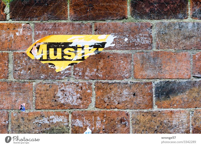 Plakatfetzen an einer Ziegelmauer mit dem Wort Musik Mauer Papierfetzen Wand Farbfoto Außenaufnahme Menschenleer kaputt Werbung Plakatwand Detailaufnahme