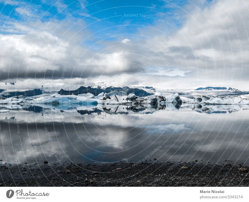 Eissee Jokulsarlon in Island Umwelt Natur Landschaft Urelemente Erde Sand Wasser Wolken Sommer Winter Schönes Wetter Frost Schnee Gletscher Seeufer ästhetisch