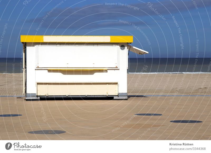 promenadenbude Strand Meer Schönes Wetter Küste Nordsee verkaufen eiswagen Eisbude Kiosk verkaufsstand Uferpromenade Promenade strandbude himmel geschlossen
