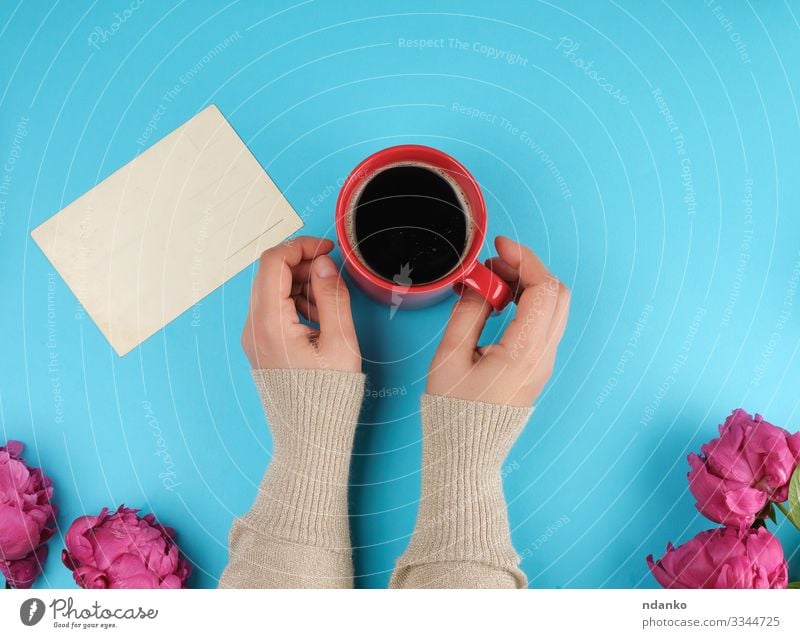 rote Kaffeesahne-Tasse mit schwarzem Kaffee Frühstück Kaffeetrinken Getränk Heißgetränk Becher Design schön Sommer Dekoration & Verzierung Feste & Feiern Hand