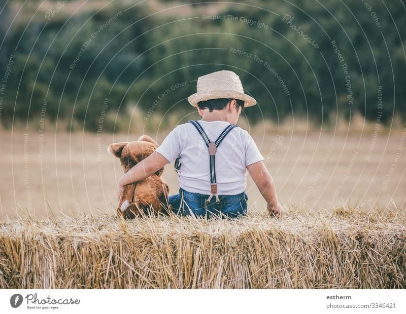 Junge umarmt Teddybär im Weizenfeld im Freien Freude Spielen Ferien & Urlaub & Reisen Freiheit Sommer Mensch maskulin Kind Kleinkind Familie & Verwandtschaft