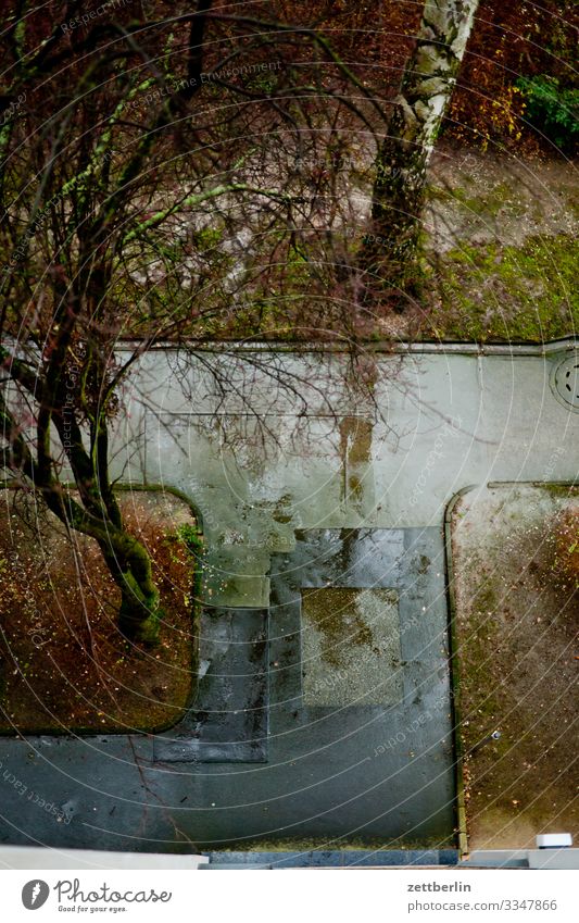 Bürgersteig im Regen Berlin nass Niederschlag Regenwasser Wassertropfen Fensterscheibe trüb Stadt Stadtleben Vogelperspektive Vorgarten Pfütze Menschenleer