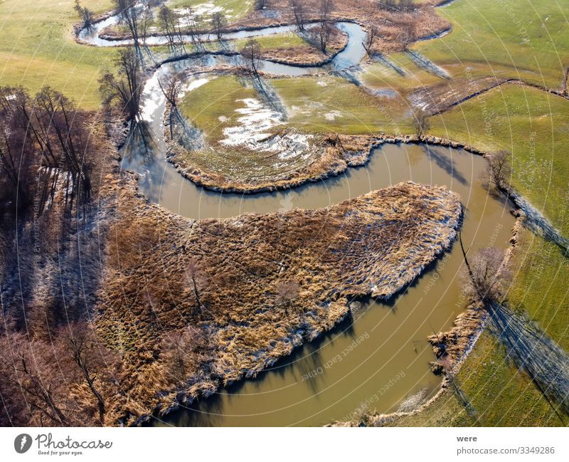 Flight over a small winding river Natur Wasser Feld Bach Fluss frei oben Area flight above aerial view altitude bird's eye view copter drone flight fly flying