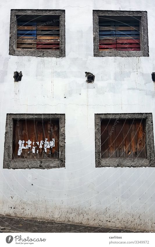 Madeira | Vier verschlossene Fenster in alter Hausfassade Portugal Camara de Lobos Churchill Bay Fassade verfallen Fenster verbrettert verlassen Tourismus