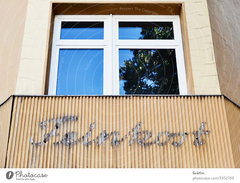 Feine Kost Stadt Hauptstadt Menschenleer Haus Gebäude Fassade Fenster Beton Metall Zeichen Schriftzeichen Schilder & Markierungen alt dreckig trashig braun gelb