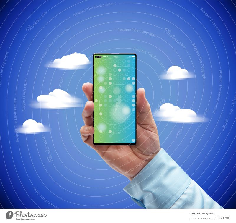 Wolke 4g 5g Technologie Smartphone Buslosigkeit Mann in Wolken halten Lifestyle Stil Design Erfolg Arbeit & Erwerbstätigkeit Beruf Arbeitsplatz Industrie