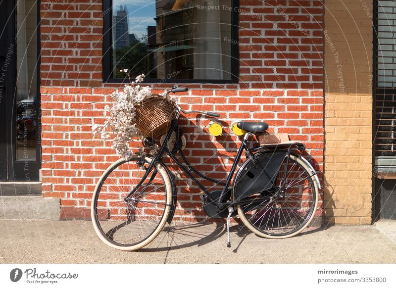 Fahrrad mit blumiger Rückenlehne an der Randzone eines Straßenverkaufs geparkt kaufen Stil Design schön Gesundheit Fitness Wellness Erholung Duft