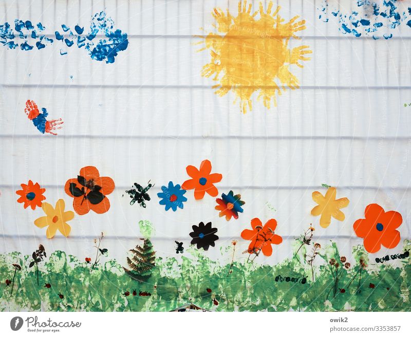 Frühblüher Kunst Kunstwerk Gemälde kindlich Wolken Sonne Frühling Pflanze Blume Gras Bettlaken gespannt Blühend leuchten Fröhlichkeit mehrfarbig Lebensfreude