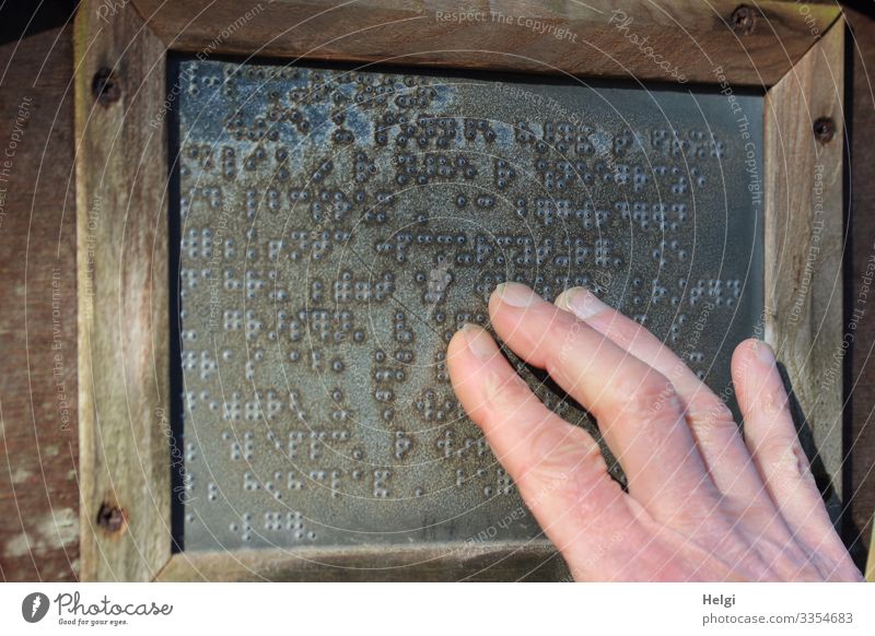 Finger eines Menschen ertasten Blindenschrift auf einem Schild Hand Holz Metall Schriftzeichen Schilder & Markierungen berühren lesen authentisch