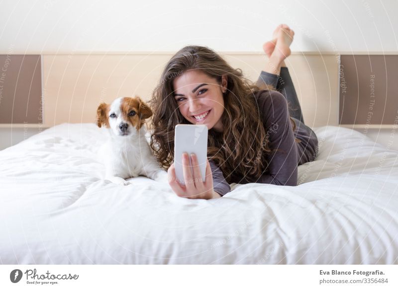 schöne junge Frau, die mit ihrem süßen kleinen Hund einen Selfie mit Handy auf dem Bett mitnimmt. Haus, Wohnung und Lebensstil gemütlich träumen Stimmung