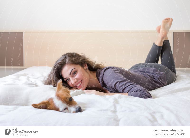 eine schöne junge Frau, die mit ihrem süßen kleinen Hund auf dem Bett liegt. Haus, Wohnung und Lebensstil gemütlich Müdigkeit träumen Stimmung kuscheln