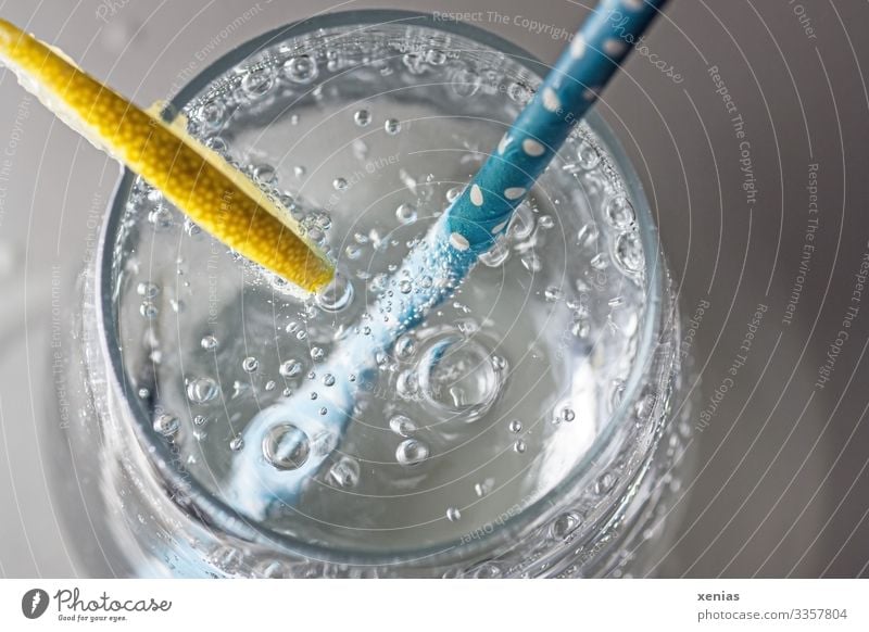 Sprudelndes Mineralwasser mit Zitrone und blauem Trinkhalm im Glas von oben Trinkwasser Getränk Erfrischungsgetränk Wasser Gesundheit Gesunde Ernährung trinken