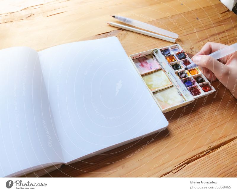 Aquarellfarbe und Pinsel Schule lernen Arbeit & Erwerbstätigkeit Arbeitsplatz Frau Erwachsene Hand Papier zeichnen Begeisterung Farbe Inspiration Kreativität