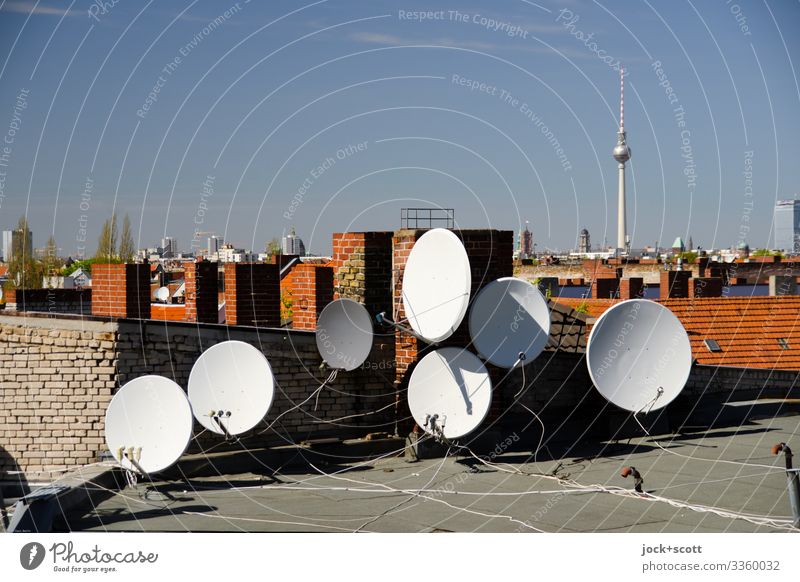 Dachland mit Parabolantennen Berliner Fernsehturm Wolkenloser Himmel Wahrzeichen Stadtzentrum Schornsteine Technik & Technologie Ausrichtung Kabel