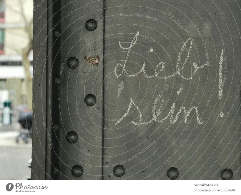 Kreide auf Metall: Schriftzug "Lieb sein!" Kunst Stadt Hauptstadt Öffentlicher Personennahverkehr Straße Zeichen Graffiti Gefühle Gastfreundschaft Solidarität