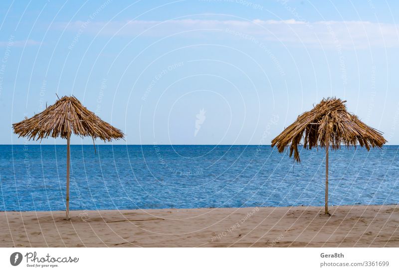 zwei Strohschirme an einer leeren Küste an einem klaren Tag Ferien & Urlaub & Reisen Ausflug Strand Meer Winter Geldinstitut Landschaft Sand Himmel Wolken