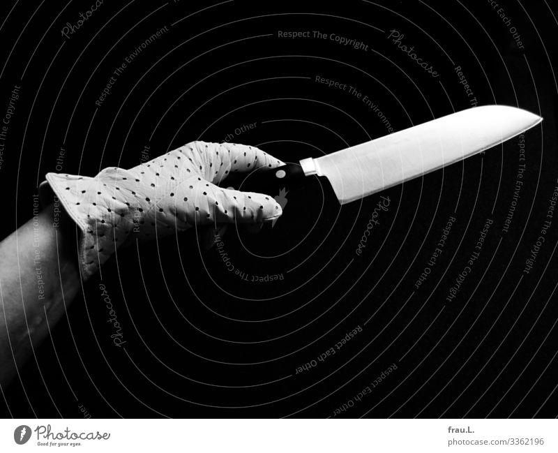 Elegantes Messer feminin Hand 1 Mensch 45-60 Jahre Erwachsene Handschuhe sportlich Japanisch greifen anbieten Kochmesser Kunst Schwarzweißfoto Textfreiraum oben