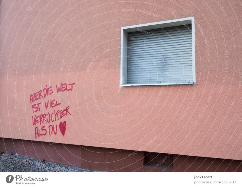 Die Welt und Du Subkultur Straßenkunst Gebäude Fassade Fenster Rollladen Schriftzeichen Herz Coolness trist verrückt rot Stimmung selbstbewußt