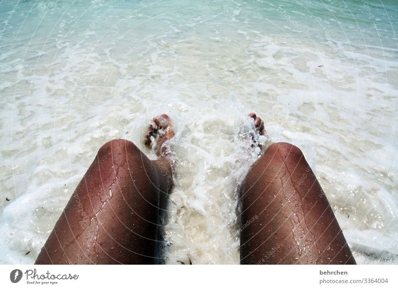symmetrie | parallele hautverbrennung Tag Barfuß Fußbad Sand Sandstrand Wasser genießen Schwimmen & Baden La Digue Seychellen Indischer Ozean Küste