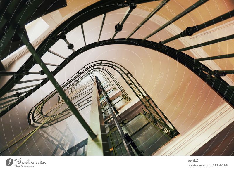 Stiegenhaus Wien Haus Treppenhaus Treppengeländer Fahrstuhl hoch Dienstleistungsgewerbe Spirale aufwärts geschwungen Irritation Stabilität Farbfoto