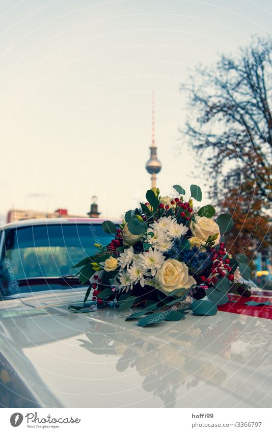 Berliner Blumen mit Türmchen Lifestyle Hochzeit Wolkenloser Himmel Schönes Wetter Pflanze Hauptstadt Wahrzeichen Berliner Fernsehturm Fahrzeug Oldtimer