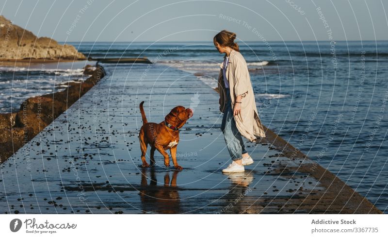 Frau mit Hund beim Spaziergang entlang der nassen Mole gegen ruhiges Meerwasser und felsige Küste bei sonnigem Wetter Pier MEER Wasser Begleiter frisch Haustier
