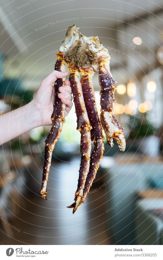 Kropfpflanze mit Königskrebsbeinen Person Königskrabbe Restaurant Bein gekocht zeigen Portion Meeresfrüchte Reichtum Exquisit Kellner manifestieren