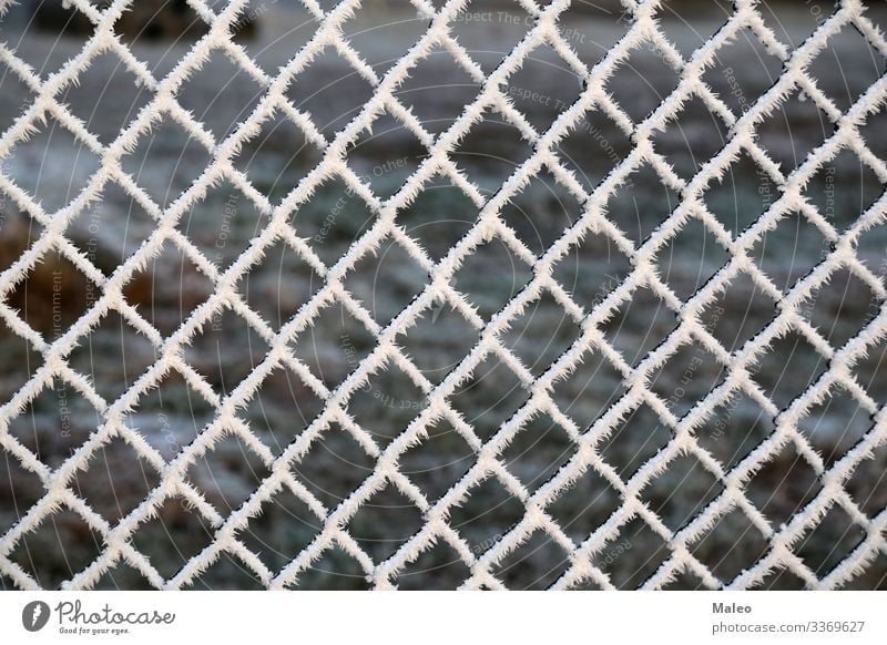 Metallnetz mit Raureif abstrakt Hintergrundbild Barriere Grenze Nahaufnahme kalt Konstruktion Eiskristall Schneekristall Detailaufnahme Zaun Frost Gitter Netz