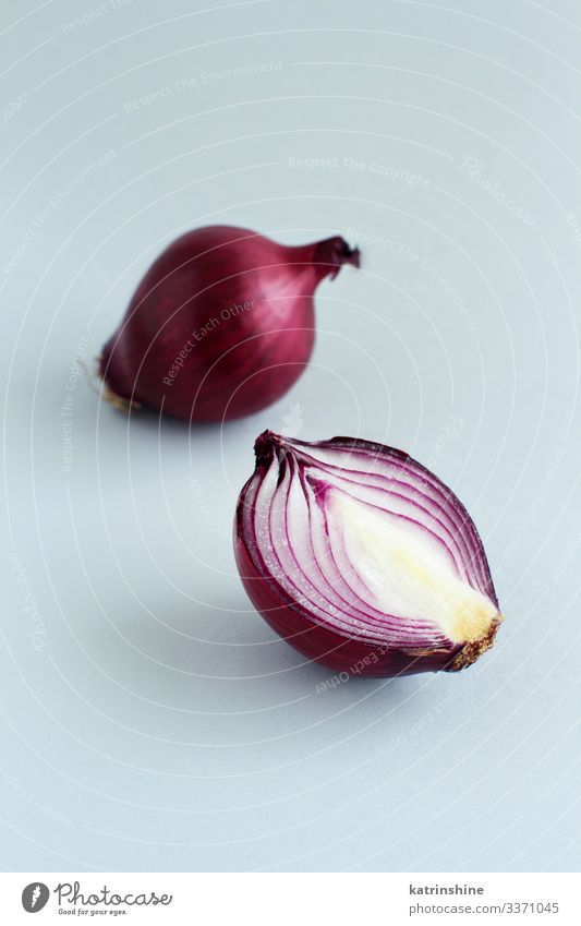 Violette Zwiebel auf hellgrauem Hintergrund Gemüse Vegetarische Ernährung frisch natürlich rot weiß purpur aufgeschnitten Hälfte Lebensmittel Gesundheit roh