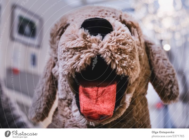 Kinderspielzeughund mit herausgestreckter Zunge Spielzeug Faser Kindheit Hund niedlich braun weich Stoffnase Haustier Gesicht Spielen charmant süß lieblich
