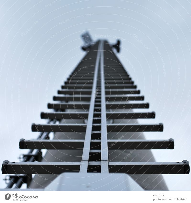 abgehoben | stairway to hessen Mast Strommast Sendemast Leiter Leitersprosse Froschperspektive aufsteigen Klettern Symmetrie grau Metall bedrohlich gefährlich