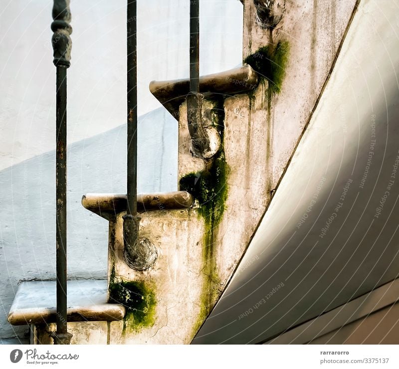 die Marmorstufen einer Wendeltreppe elegant Haus Moos Architektur Stahl Rost alt dreckig nass Schritt bügeln Feuchtigkeit vernachlässigt ruiniert Wasser