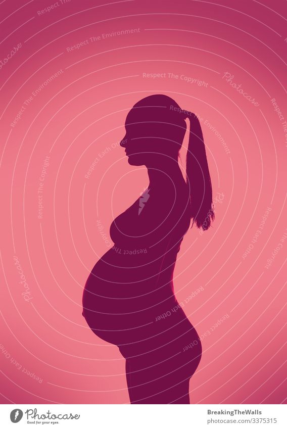 Close up lila Silhouette von einer jungen schwangeren Frau stehen und halten ihren Bauch mit den Händen über rosa Hintergrund mit Kopie Raum feminin Junge Frau